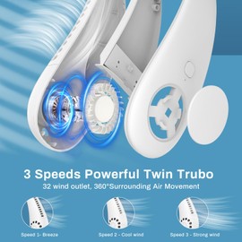 Neck Fan, Improved Portable Neck Fan with 3 Speeds, Hands-Free Mini Fan with 360° Cooling Airflow, USB Fans for Sports, Travel, Outdoor, Indoor, Gift