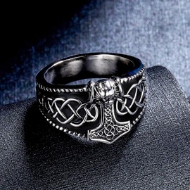 Joliernelle Men's Ring Thor's Hammer Nordic Viking Jewellery Stainless Steel Size 54 to 69, Stainless Steel