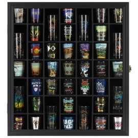 41 Shot Glass Display Case Holder Bar Collection Cabinet Wall Rack Shadow Box with Door Black