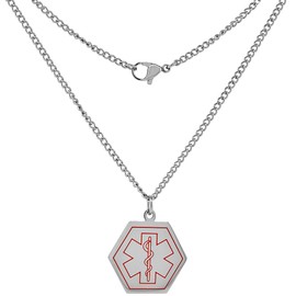 Surgical Steel Blank Medical Alert Necklace Hexagon Shape Id 1 Inch Wide, 30 Inch Long