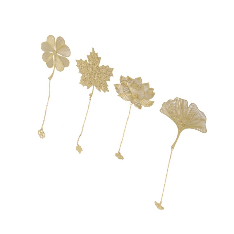 4pcs Metal Bookmarks with Chain Four Patterns Hollow Thin Golden