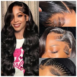 13 x 6 Perücke mit Spitze vorne, Echthaar, 61 cm, Wellenkörper, HD-Perücke, Babyhaar, natürliches Schwarz