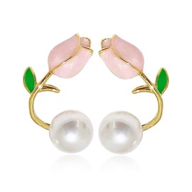 QLEUIFT 1 Pair Boho Pearl Earring Cuff Wrap Earring Tulip Flower Ear Jacket Earring Statement Pearl Piercing Wrap Stud Earrings Gold Flora Front Back Climbing Crawler Earrings Jewellery for Women