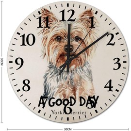 LetusZhogo Watercolor Portrait of A Yorkie Terrier Dog Wall Clock, 12 Inch Round Silent Non-Ticking Wall Clock Wooden Time Clock for Living Room Bedroom