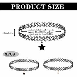Pack of 3 Tattoo Chains 90s, Lightweight Tattoo Chain Stretch, Choker Chain Women's Fashionable Vintage, Hollow Weave Tattoo Necklace, Chain for Girls Women Girls Children (Rhombic Star Beads, Black),