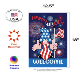Toland Home Garden 1112641 Patriotic Gnome Welcome 4th of July Flag 12x18 Inch Double Sided for Outdoor Patriotic House Yard Decoration