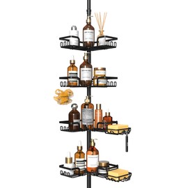 Shower Caddy Corner for Bathroom, Tension Pole, Adjustable 25in-114in Floor to Ceiling, Standing Shower Tension Rod Organizer, 4 Tier Storage Shelves with 2 Soap Holders/Hanging or Adhesive, Black