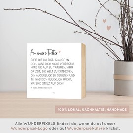Wunderpixel® Holzbild Verbiege Tochter - Geschenk von Eltern - 15x15x2cm zum Hinstellen/Aufhängen, echtes Foto mit Spruch auf Holz - schwarz-weißes Wand-Bild Aufsteller zur Dekoration, Andenken
