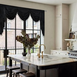 JADE POKE Velvet Waterfall Valance for Bedroom, Black Beads Valance for Window - Swag Valances for Living Room Rod Pocket Valances with Tassels for Kitchen (1 Panel, W89 Inch)