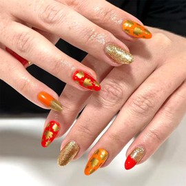 Fall Press on Nails Thanksgiving Medium Almond Fake Nails with Designs Maple Leaf Glitter Orange Glue on Nails 24 Pcs Reusable Acrylic Nail for Women WYFHDT