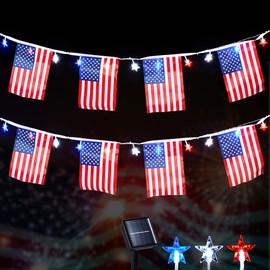 WBao Solar 4th of July Decorations 16.4ft 50 LED Red White Blue Stars String Lights with 20 USA Flag Banners, Waterproof Patriotic Decorations with 8 Modes, Timer for 4th of July Memorial Day Decor