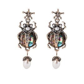 Vintage Bug Insect Beetle Dangle Earrings Abalone Shell Crystal Pearl Antiqued Gold Scarab Ladybug Drop Earrings for Women-Abalone Shell