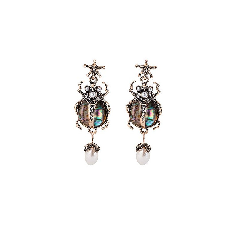 Vintage Bug Insect Beetle Dangle Earrings Abalone Shell Crystal Pearl