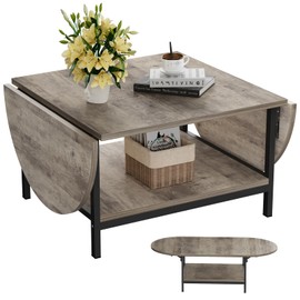 SAYGOER Coffee Tables for Living Room 2-Tier Extended Coffee Table with Storage Vintage Farmhouse Center Table for Large or Small Spaces, Foldable, Gray Wash