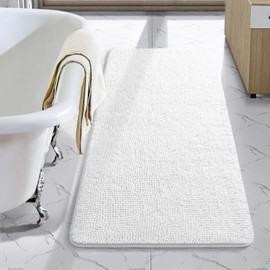 LOCHAS Luxury Bathroom Rug Shaggy Bath Mat 24 x 44 Inch, Washable Non Slip Bath Rugs for Bathroom Shower, Soft Plush Chenille Absorbent Carpets Mats, White