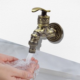 Kleemeiero Vintage Tap 1/2 Inch Antique Brass Tap Garden Wall Tap Zinc Alloy Washing Machine Tap Dragon Carved Tap with Plumbing Tape for Home Kitchen Garden