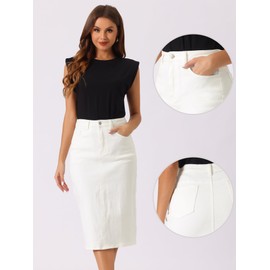 Allegra K Casual Denim Skirt for Women's High Waist Stretchy Midi Jean Skirts Cream White S