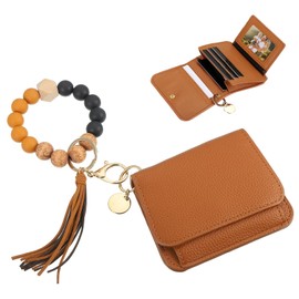 PATIKIL 4.7 x 3.5 x 1.4 Silicone Wooden Bead Bracelet Keychain Wristlet Wallets, 1 Set Small Front Pocket Credit Card Key Chain Zipper Coin Wallets with ID Window for Women, Brown