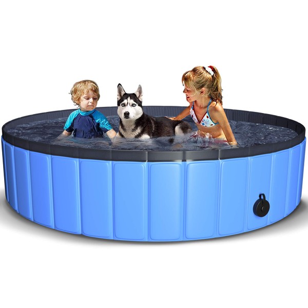 TNELTUEB Pet Swimming Pool for Large Dogs, 63"x12" Collapsible Dog Pool, Foldable Kiddie Plastic Bathing Tub, Outdoor Kids and Dogs Cats - Blue
