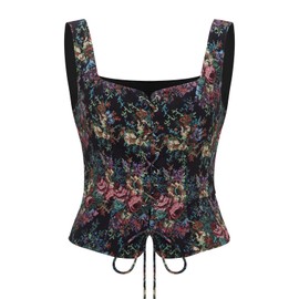 NUWIND Vintage Overbust Bustier for Women Pirate Floral Corset Top Ren Fair Medieval Vest Victorian Lace Up Bodice Renaissance Costume Plus Size, Black Floral