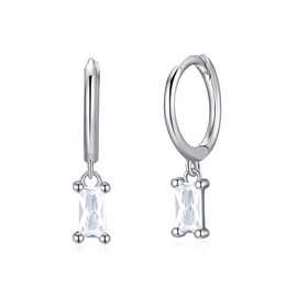 Baguette Dangle Hoop Earrings for Women, Sterling Silver Small Huggie CZ Earrings with Drop Charm for Everyday