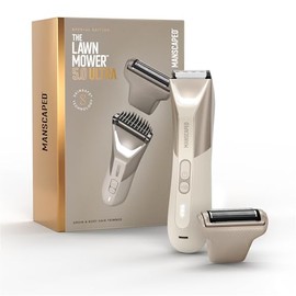 MANSCAPED® The Lawn Mower® 5.0 Ultra Groin & Body Hair Trimmer – Dual-Head SkinSafe® Trimmer & Foil Blades, Waterproof Groomer, USB-C Rechargeable with Travel Case, Men’s Ball Shaver, Desert Sand