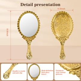 YUSONG 48 Pcs Premium Hand Mirror with Handle - Vintage Princess Mirror for Women Gold Embossed Flower Small Mirrors Tabletop Party Classroom
