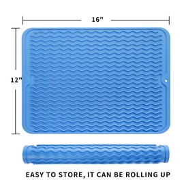 MicoYang Silicone Dish Drying Mat for Multiple Usage,Easy clean,Eco-friendly,Heat-resistant Silicone Mat for Kitchen Counter or Sink,Refrigerator or Drawer liner Lichen Blue L 16 inches x 12 inches