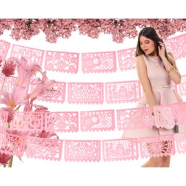 Papel Picado Banner Plastic (Light Pink) Mexican banners for fiesta party, Fiestas flags for Bridal, Weddings, Baby Showers, Birthdays Pastel Pink 3 Pack