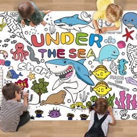 Under The Sea Party Decorations Coloring Tablecloth & Giant Poster 30x72 Inch - Ocean Theme Kit with Treasure Hunt Game, Sea Animal Crafts Activities for Birthday Classroom Home Supplies