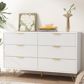 LYNSOM White Dresser for Bedroom, Fluted 6 Drawer Wood Dresser with Golden Handles, Modern Dressers & Chests of Storage Drawer for Hallway Entryway
