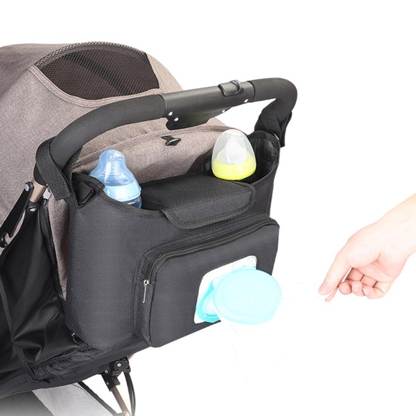 Universal Stroller Organizer with Insulated Cup Holder and Phone Bag & Shoulder Strap, Stroller Organizer Accessories for Stroller like Uppababy, Baby Jogger, Britax, BOB, Umbrella and Pet Stroller.