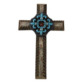 Southwestern Turquoise Fleur De Lis French Lily Faux Wooden Wall Cross Plaque
