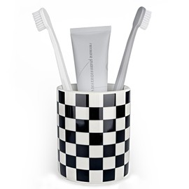 Tooth Brush Holder for Bathroom, Countertop Toothbrush Holders for Bathrooms, Modern Cute Black and White Bath Room Cups, Ceramic Toothbrush and Toothpaste Dispenser, Checkered Bathroom Decor