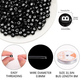 Iudsu 1000 Pieces Beads with Letter Set, 7 mm Black (A-Z) DIY Letter Beads, Acrylic Beads, with 600 cm Invisible Nylon Cord, Perfect for Bracelets, Necklaces and Vision Training