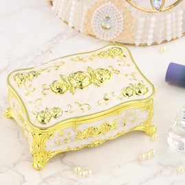 Dokeno Vintage Jewellery Boxes with Metal Lid, Rectangular Jewellery Box Storage Box, White with Golden Flower Shape, Jewellery Case for Earrings, Necklaces, Ring, Women's Gift, Birthday