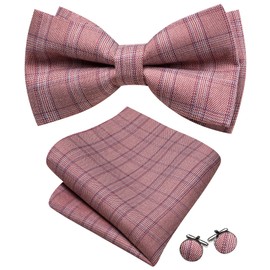 YOHOWA Pink Bow Ties for Men Cotton Linen Pre-tied Bow Tie Set with Handkerchief Cufflinks Party Wedding Prom