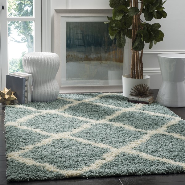 SAFAVIEH Dallas Shag Collection SGD257C Trellis Non-Shedding Living Room Bedroom Dining Room Entryway Plush 1.5-inch Thick Area Rug, 3' x 5', Seafoam / Ivory