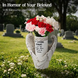Lewondr Cemetery Vase for Grave, Angel Wing Grave Flowers Holder with Ground Spike, Garden Stake for Tomb Headstone Grave Decoration, Sympathy Gifts for Loss of Loved One, White