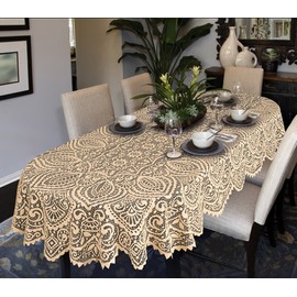 MforStyle Lace Large Tablecloth Oval OR Round White OR Beige Premium Quality (140cm x 240cm (55" x 95") Oval, Beige)