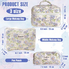 GoaePode Women's Travel Cosmetic Bag Set, 3 Pieces, Various Sizes, Flowers, Aesthetic Make Up Bag, Made of Cotton, Quilted Toiletry Bag, Beauty Case, Make-Up Bag, Travel Essentials, Elf Flower, Zipper