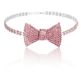 Sethexy Sparkly Rhinestone Choker Glitter Bowtie Necklace Bowknot Tennis Chain Party Nightclub Wedding Costume Jewelry for Women（Pink）