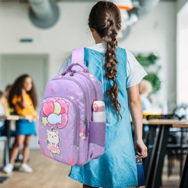 Cat Unicorn Children's Backpack Girls Cute Backpack for Children Students 3-Piece Sets School Bag for Children Girls Waterproof School Bags for School 1-3 Class, Balloons Cat Purple, playful