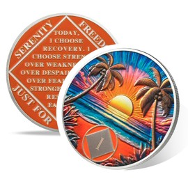 Beach Sunset 1 Year Sobriety Coin - Affirmation NA AA Chip, Anniversary Token, Sobriety Gifts for Women & Men, Narcotics Alcoholics Anonymous Gifts