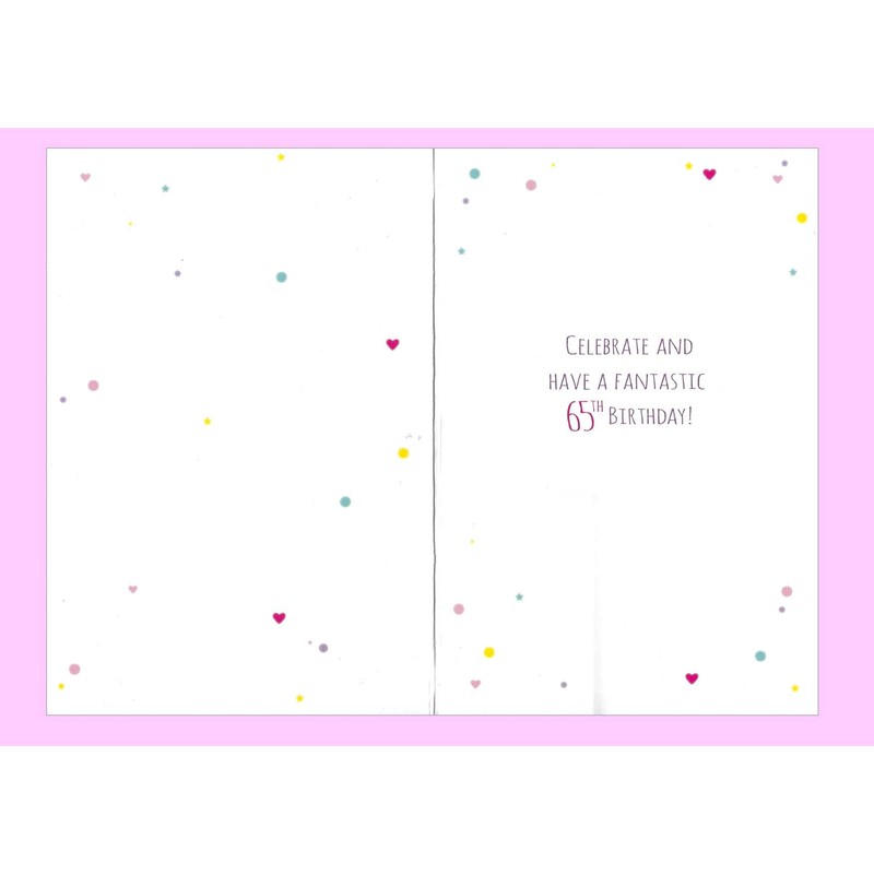 65th Birthday Card - Script Balloons Pink, Green, Lilac 7.5"
