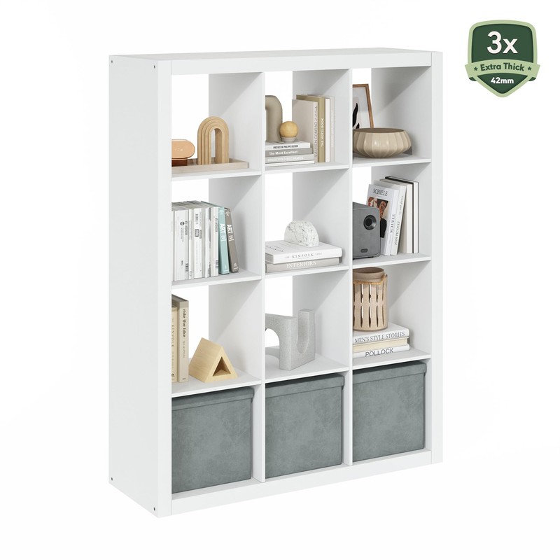 Furinno Cubicle Book Shelf, 12-Cube Bookshelf, Triple Thick Frame Cube