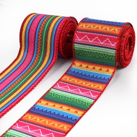 Estivaux 2 Rolls Mexican Fiesta Ribbons for Wreath Bows, 2.5"×10 Yards Wired Edge Ribbons Cinco de Mayo Craft Ribbon Mixed Color Stripes Wired Ribbons for Crafting Sewing DIY Crafts Supplies