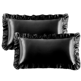 PiccoCasa Set of 2 Cushion Covers, Satin Cushion Covers with Romantic Ruffles, Plain Smooth Shiny Cushion Cover with Envelope Closure, Black, 40 x 80 cm