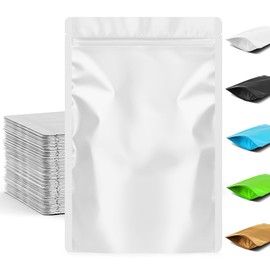 FUNFERY 5.5x7.8 inch Stand Up Mylar Resealable Bags for Food Storage,Smell Proof Foil Pouch,Food Packaging Sealable Bags,Mylar Zipper Bag for Jerky,Candy,Cereal,Coffee, Cards,White,50 Pack