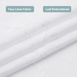 Embroidered Leaf Farmhouse Shower Curtain,Faux Linen,72Wx84L,White